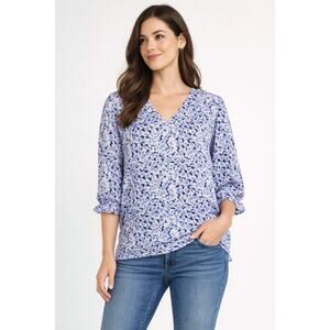 Well Worn V-Neck Blouse Women M Blue Floral NWT